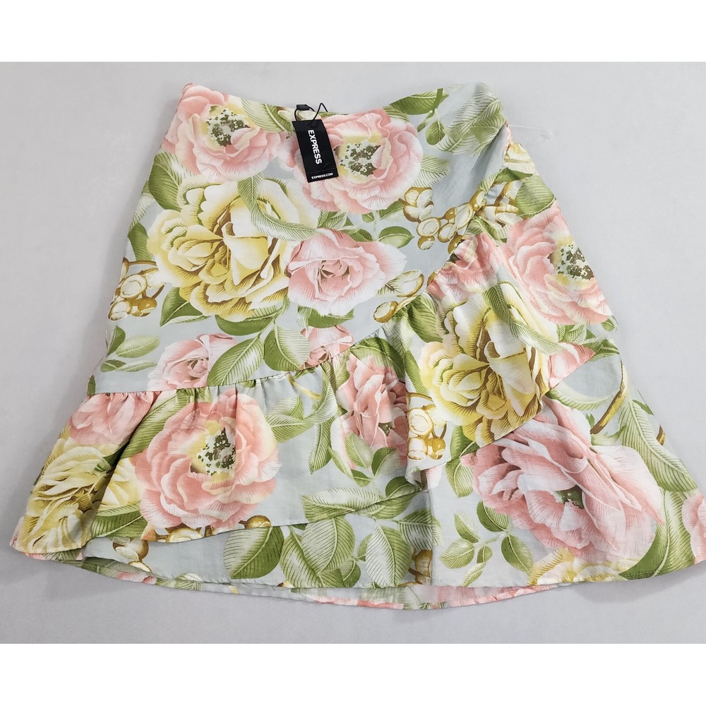 Express skirt womens sz 00 floral green pink zip lyocell nylon $68 ladies